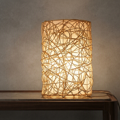 Modernism style organic rattan lamp providing minimalist geometric contrast in a stylish bedroom.