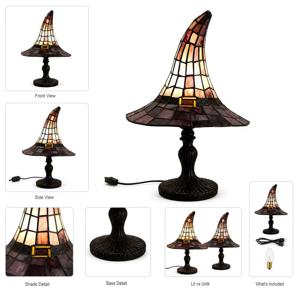 A stained-glass-style table lamp shaped like a witch hat, shown in a collage with labeled views including front view, side view, shade detail, base detail, lit vs unit comparison, and what's included. The lamp has a dark brown/black ribbed metal base and a conical shade made of amber, tan, and purple glass panels with a small gold-toned accent band near the middle.