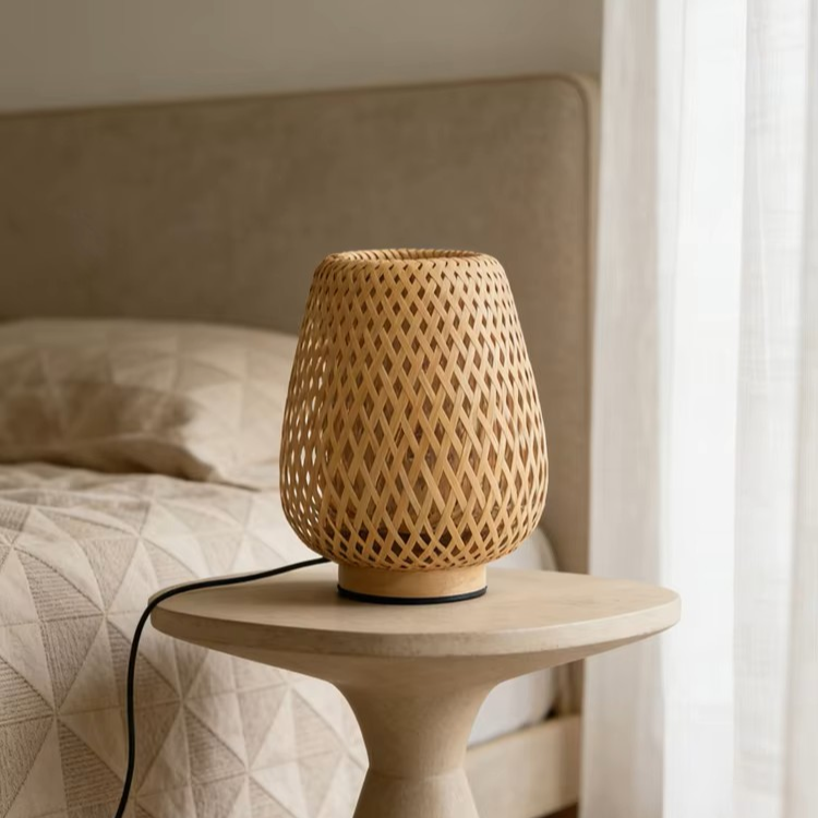 Natural Bamboo Strip Cage Desk Light featuring Organic Woven Texture and Eco-Friendly Design