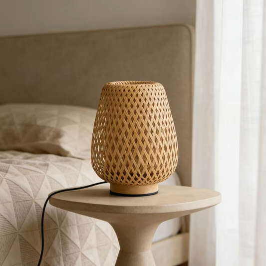 Natural Bamboo Strip Cage Desk Light featuring Organic Woven Texture and Eco-Friendly Design