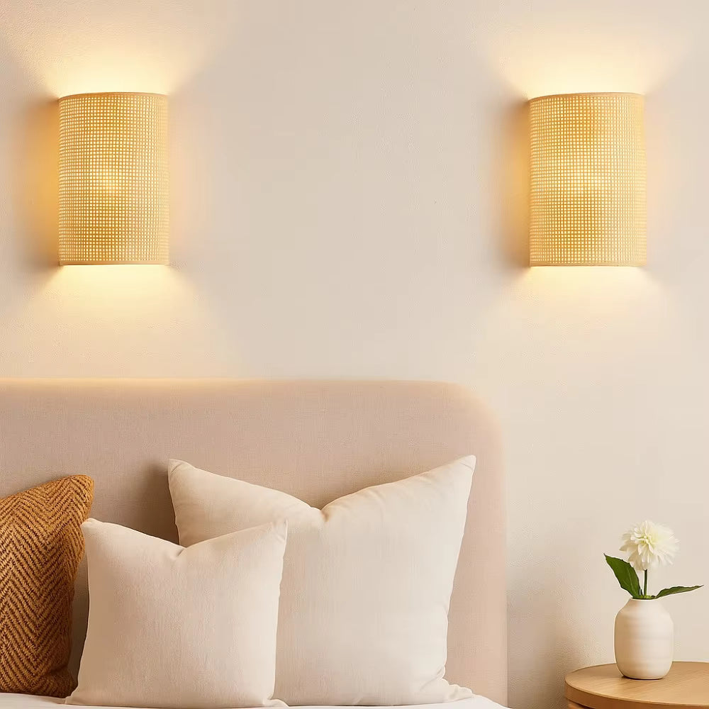 Neoclassical natural rattan wall light blending woven cane textures with elegant architectural living room decor.