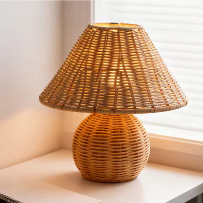 A natural woven rattan table lamp with a conical shade and a round textured base, shown on a white windowsill with soft window light.
