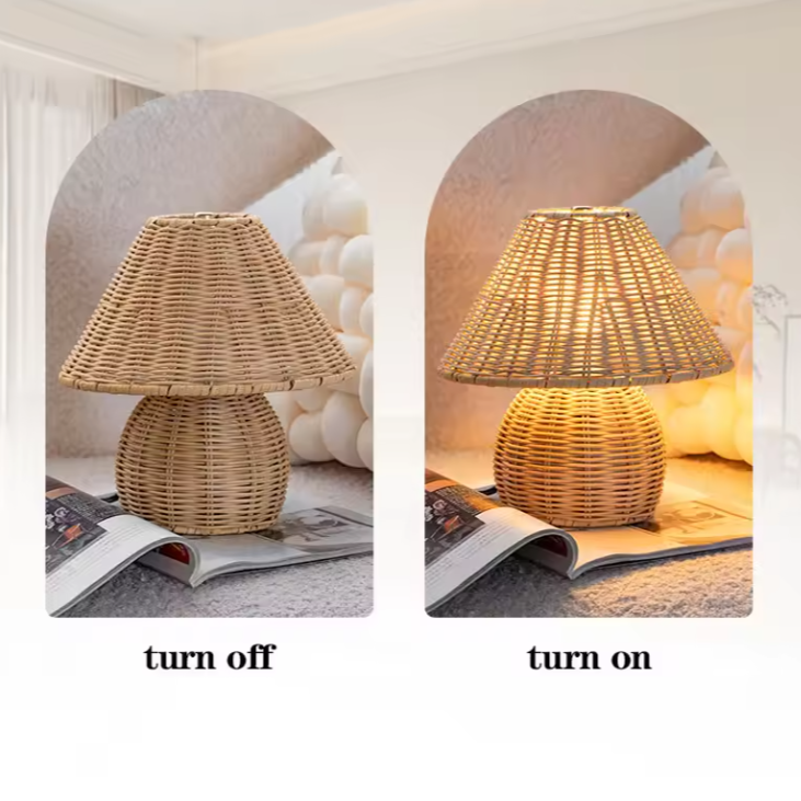 A side-by-side comparison of a woven rattan table lamp shown in two states: turned off on the left and turned on on the right, displayed in a cozy home setting with an open book and pillows.