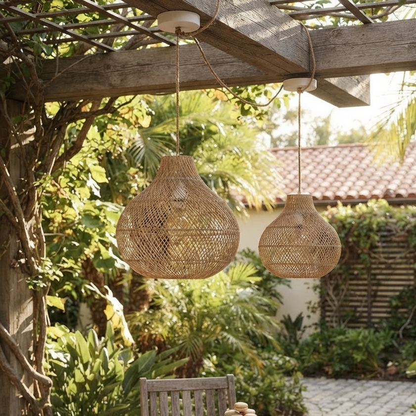 A cozy outdoor patio setting with small wicker pendant lights hanging above a wooden dining table topped with pastries.
