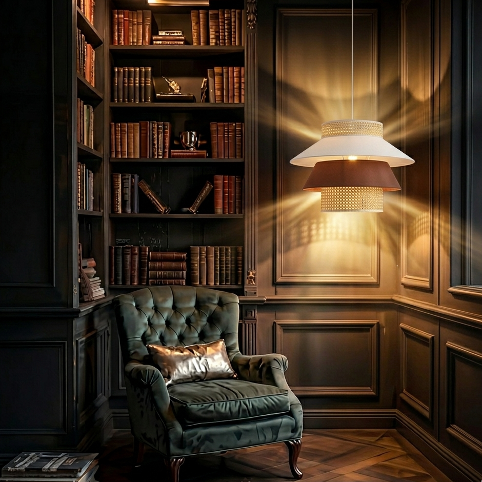 Cozy rattan and fabric pendant light providing the perfect warm, focused light for a reading nook.