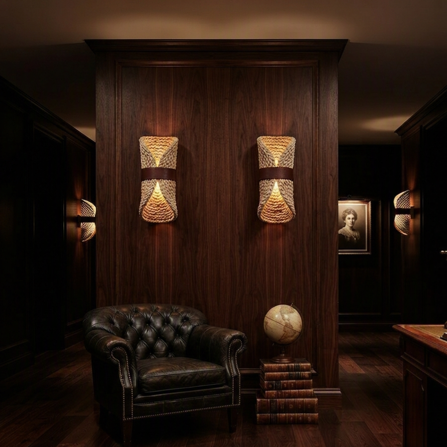 Quiet luxury lighting water hyacinth sconce featuring understated elegance for a high-end luxury hotel suite.