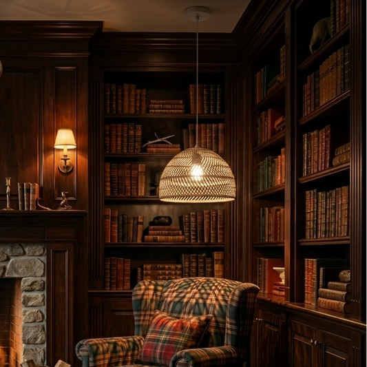 A smaller rattan dome pendant light casting a warm, artistic glow in a cozy traditional library with a fireplace and plaid armchair at night.