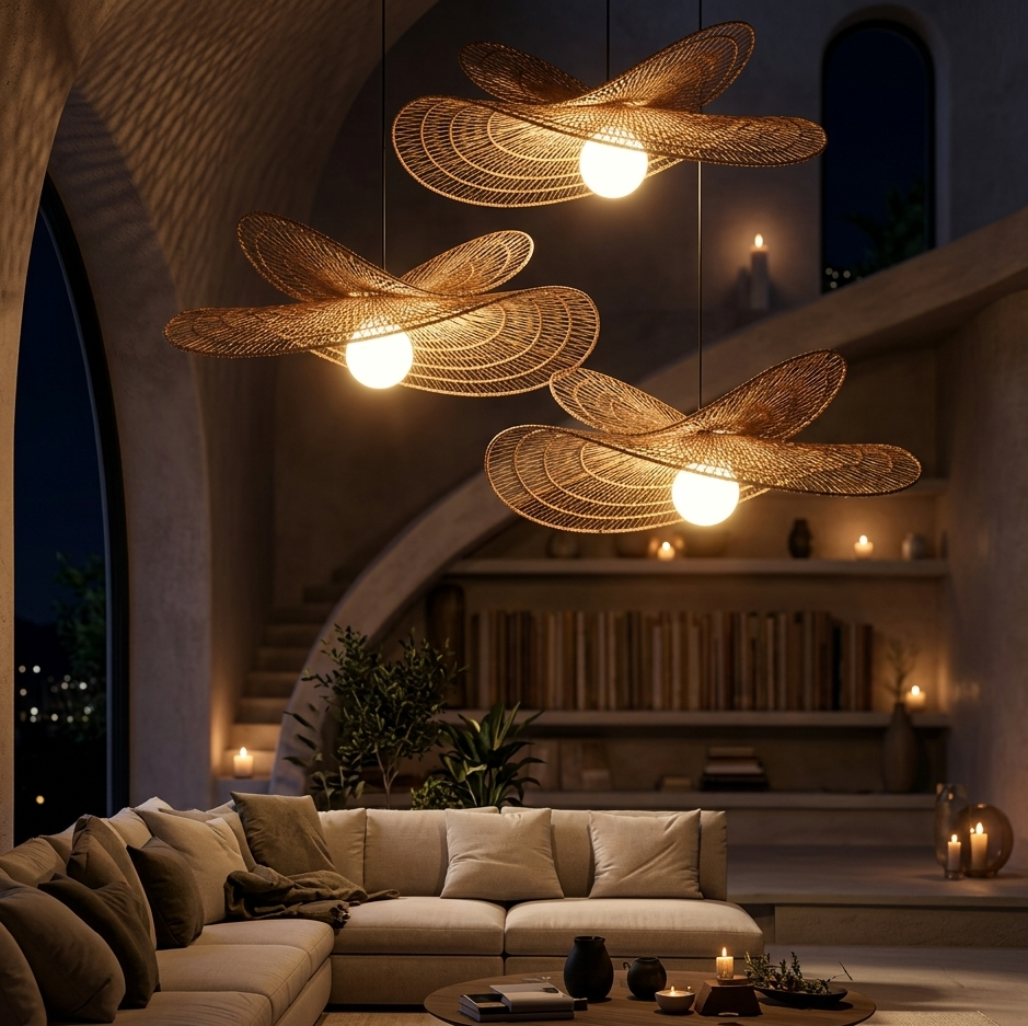 Three modern rattan pendant lights shaped like sun hats illuminating a cozy beige sectional sofa in a luxury minimalist living room at night