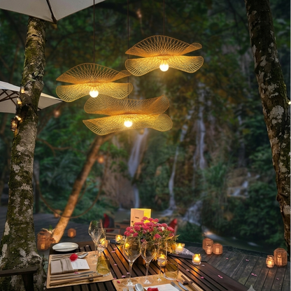 Romantic evening dining area in a lush garden setting with warm ambient lighting