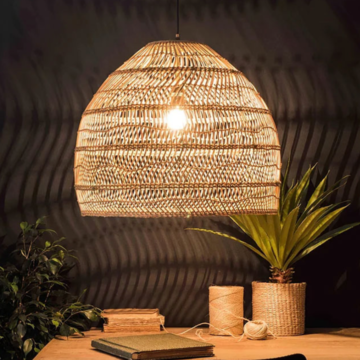 Rustic bamboo basket lamps illuminating a stylish dining area with comfortable seating and warm ambiance.