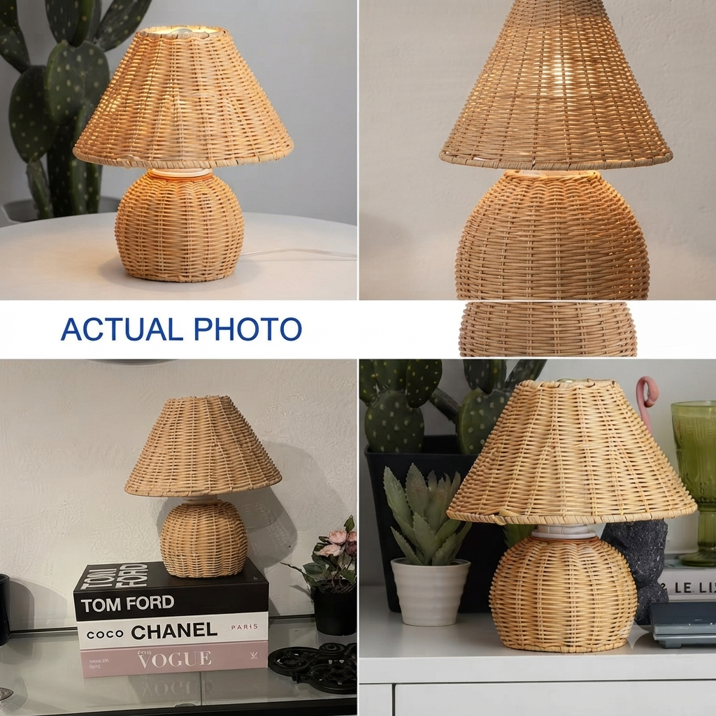 Woven Rattan Sphere Table Lamp | Boho Natural Wicker Desk Light