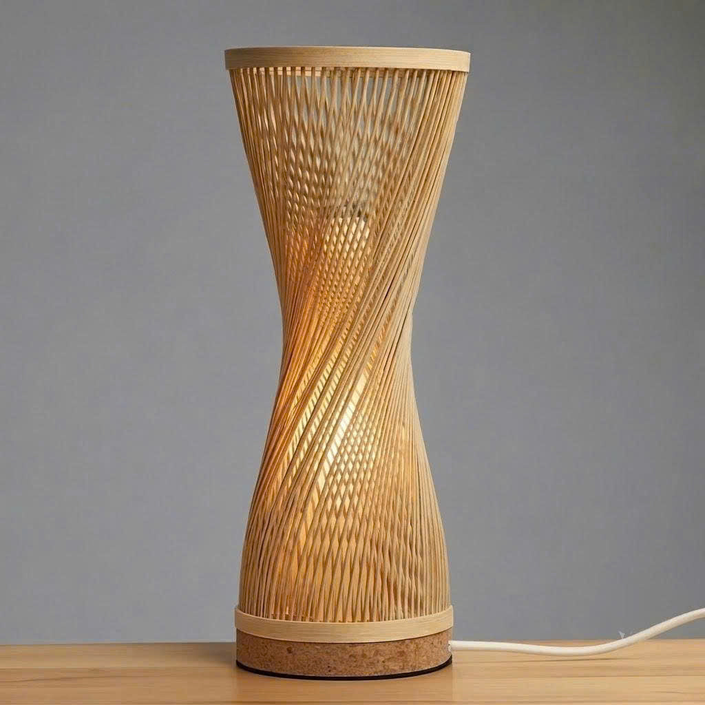 Rustic style desk lamp built with organic woven textures to provide warm, grounded lighting in a home study.
