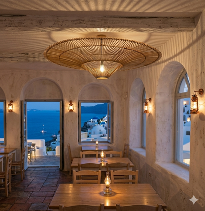 Rustic rattan hanging lamp providing warm ambient lighting for a sustainable eco-friendly restaurant