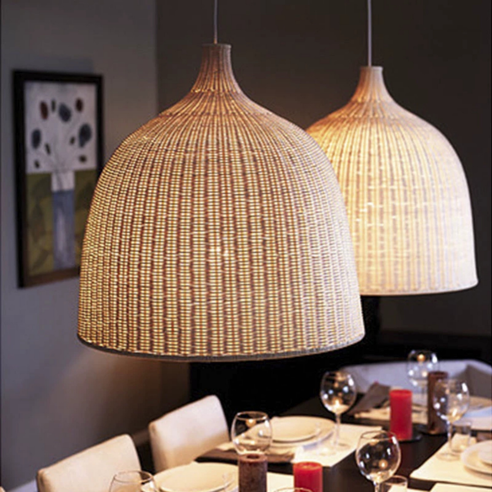 Rustic woven fiber ceiling lamp perfect for farmhouse or coastal-themed rooms.