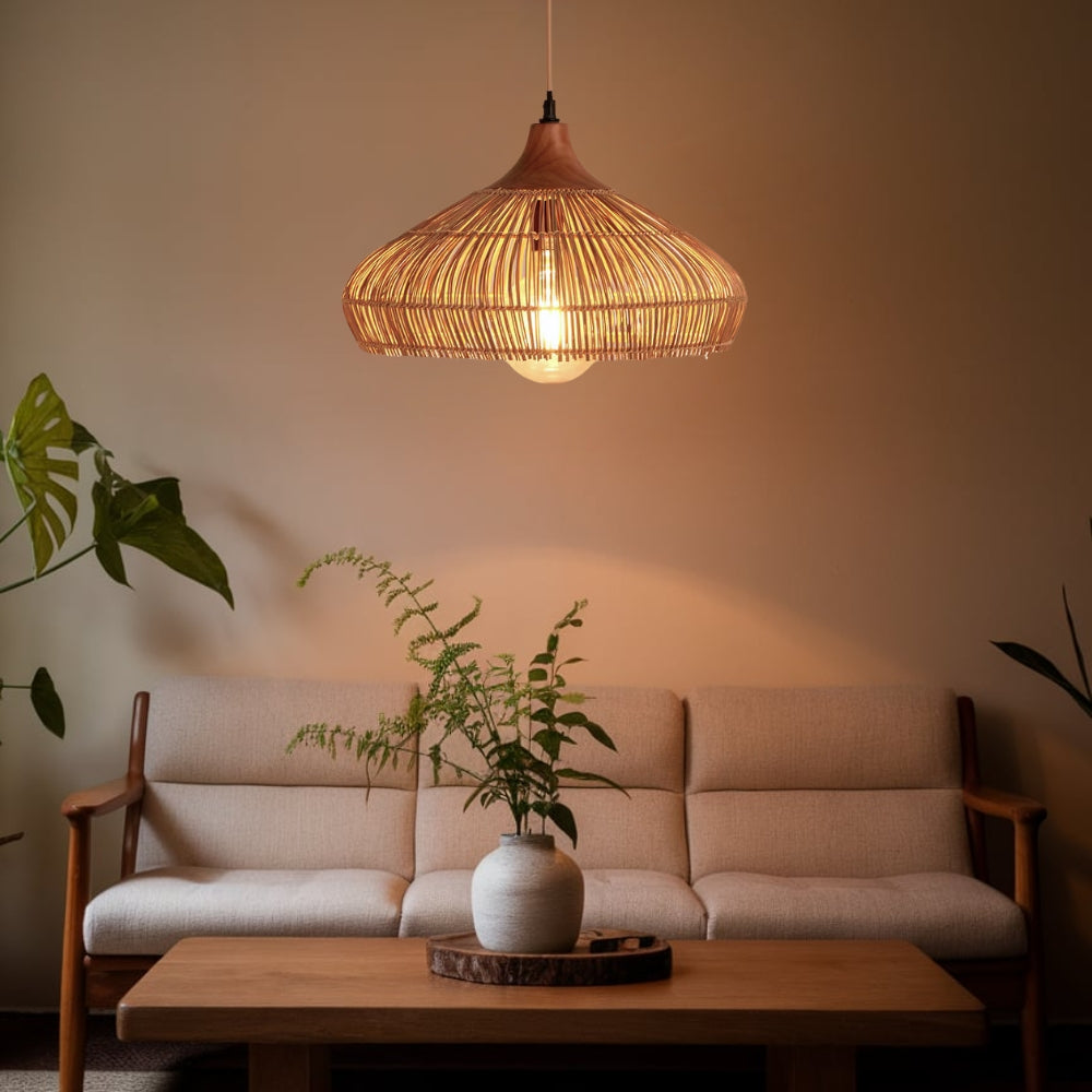 Rustic woven rattan ceiling lamp with a unique wooden canopy design