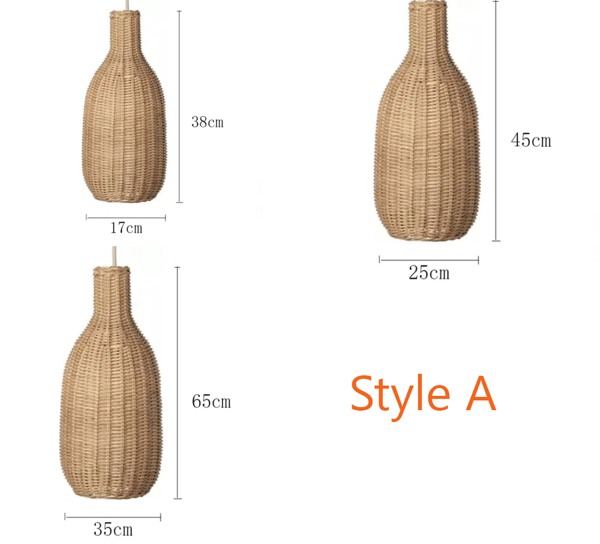 Set of three handwoven rattan pendant lights in various shapes for stylish home lighting.