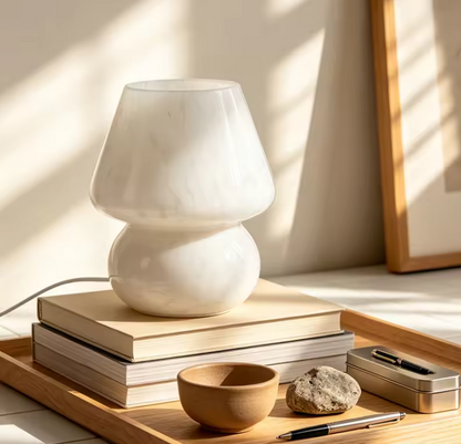 : Minimalist solid white glass mushroom lamp featuring a sleek dome shape, ideal for clean modern bedroom aesthetics.