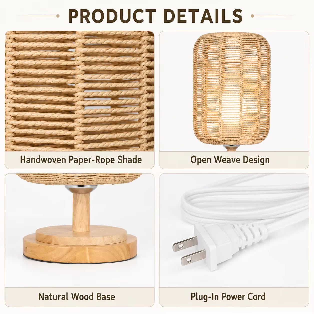 Product details collage for a woven table lamp shade. The four-panel layout shows a close-up of the handwoven paper-rope shade, the open weave design, a natural wood base, and a white plug-in power cord on a clean white background.