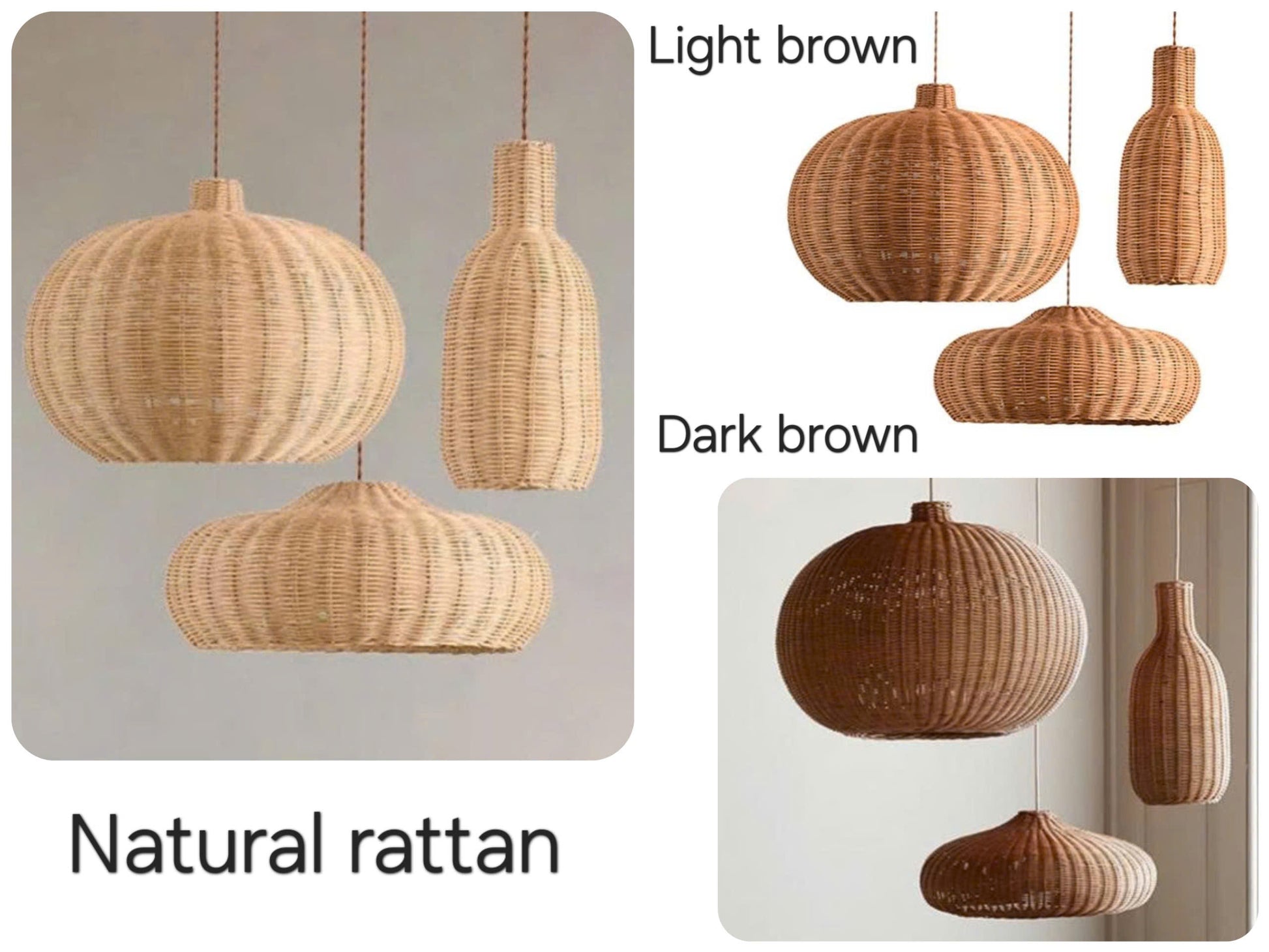 A set of rattan pendant lights in various shapes, perfect for Scandinavian and boho decor.