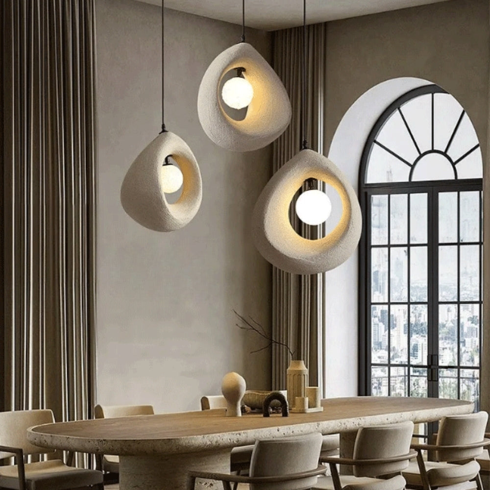 Textured stone pendant light fixture perfect for kitchen island decor