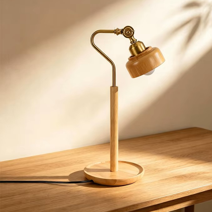 : Vintage-inspired wooden table lamp with brass fixtures to elevate lounge and living room interior decor.