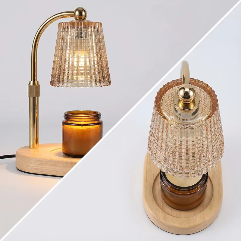 Table lamp with decorative shade and wooden base on a light gray background