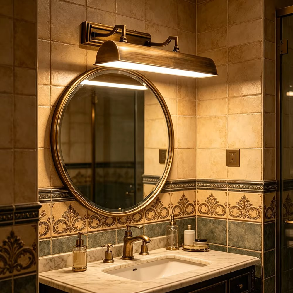 A warm, vintage-style bathroom vanity setup featuring a round wall mirror with a bronze frame, a matching bronze wall sconce light fixture, a white marble sink countertop, and decorative patterned tiles.