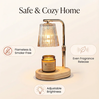 Decorative lamp with a jar on a beige background, featuring text about safe and cozy home features.