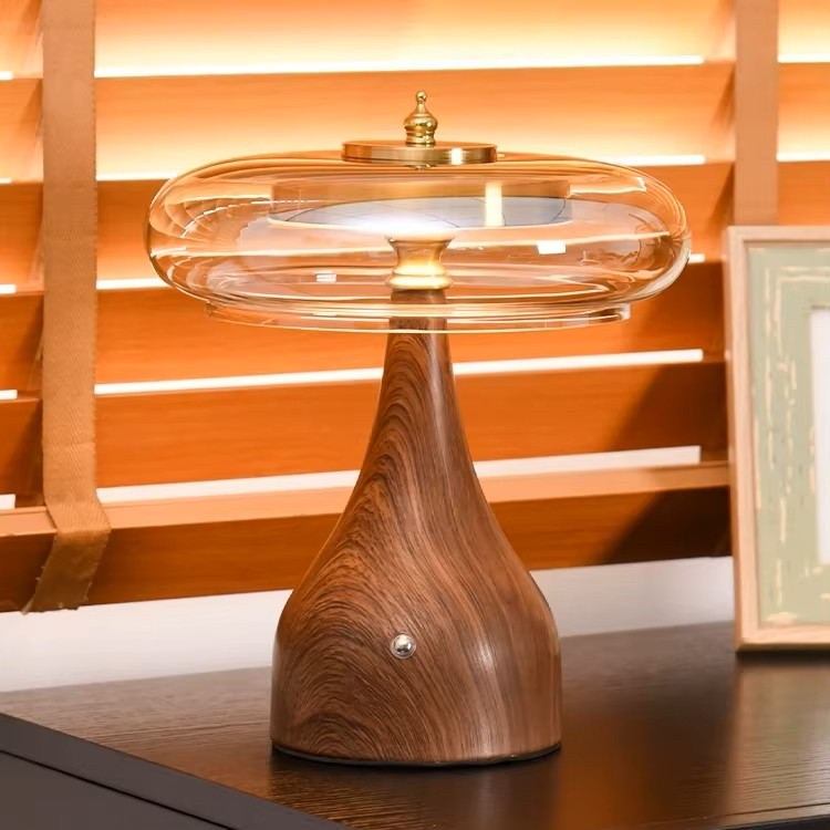 Wabi-Sabi Lamp with Wooden Base and Glass Shade for Organic Modern Lighting