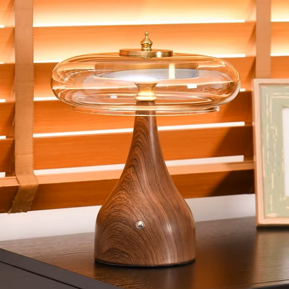 Wabi-Sabi Lamp with Wooden Base and Glass Shade for Organic Modern Lighting