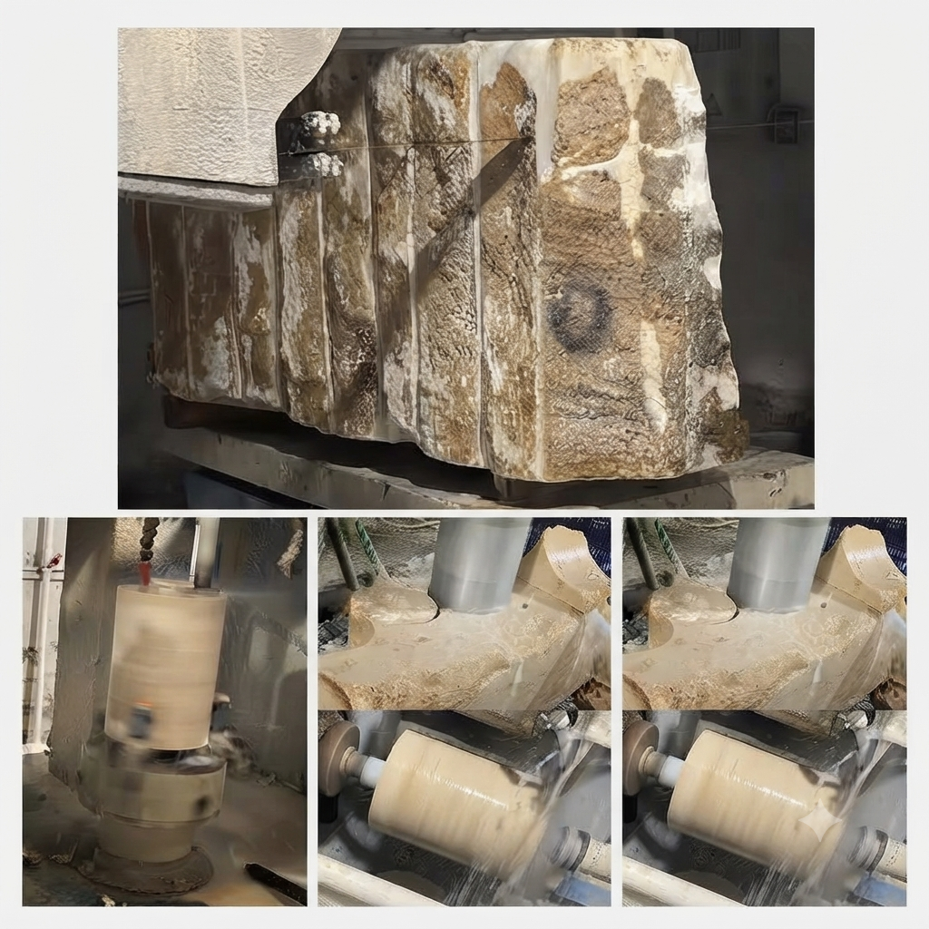 A collage showing a large rough stone or concrete block being processed in a machine, with close-up views of the cutting or grinding operation. The top panel shows the finished rough product, while the bottom panels show the industrial machining process in action.