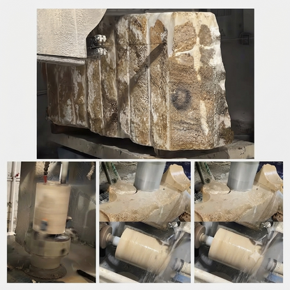A collage showing a large rough stone or concrete block being processed in a machine, with close-up views of the cutting or grinding operation. The top panel shows the finished rough product, while the bottom panels show the industrial machining process in action.