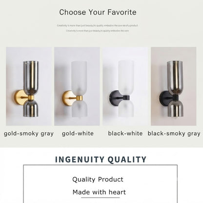 A promotional graphic showing four wall sconces side by side with labels: gold-smoky gray, gold-white, black-white, and black-smoky gray. Text at the top reads 'Choose Your Favorite' and text at the bottom reads 'INGENUITY QUALITY' with 'Quality Product' and 'Made with heart'.