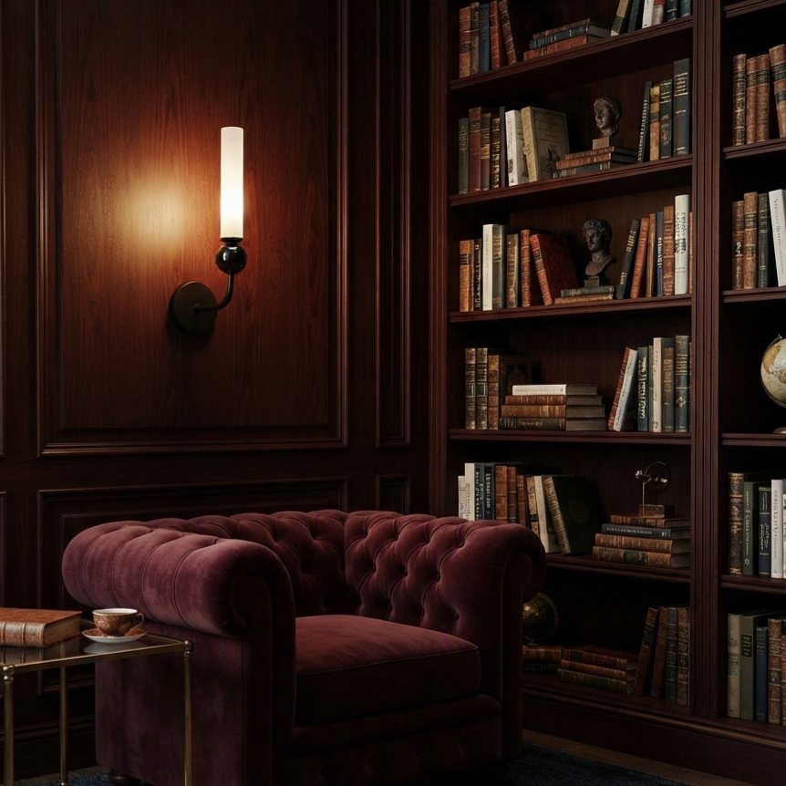 Organic modern handmade copper and acrylic wall sconce utilizing sustainable materials for a safe reading corner.