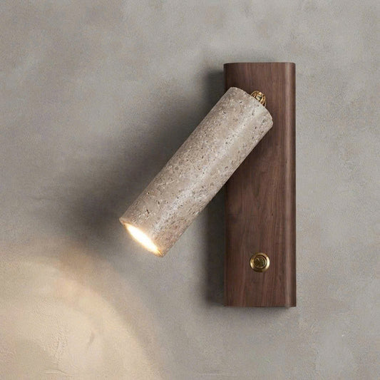 Eco-friendly natural wood and stone wall sconce handcrafted with sustainable materials for an organic modern living room.