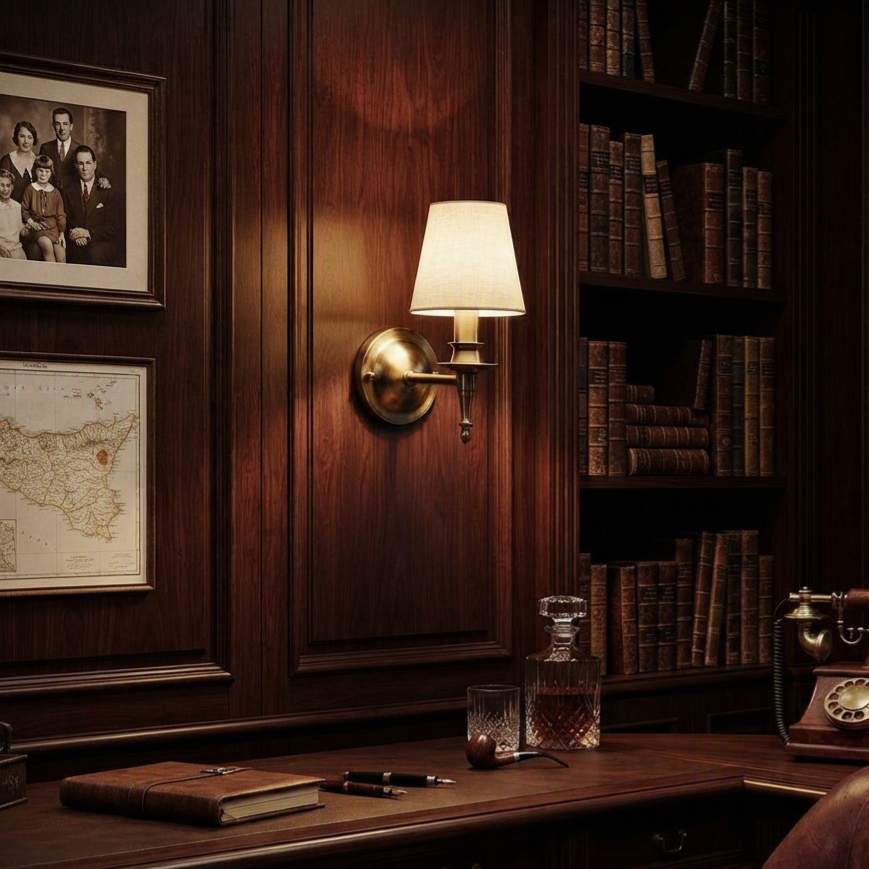 Quiet luxury lighting copper and fabric wall sconce featuring understated elegance for a boutique hotel suite.