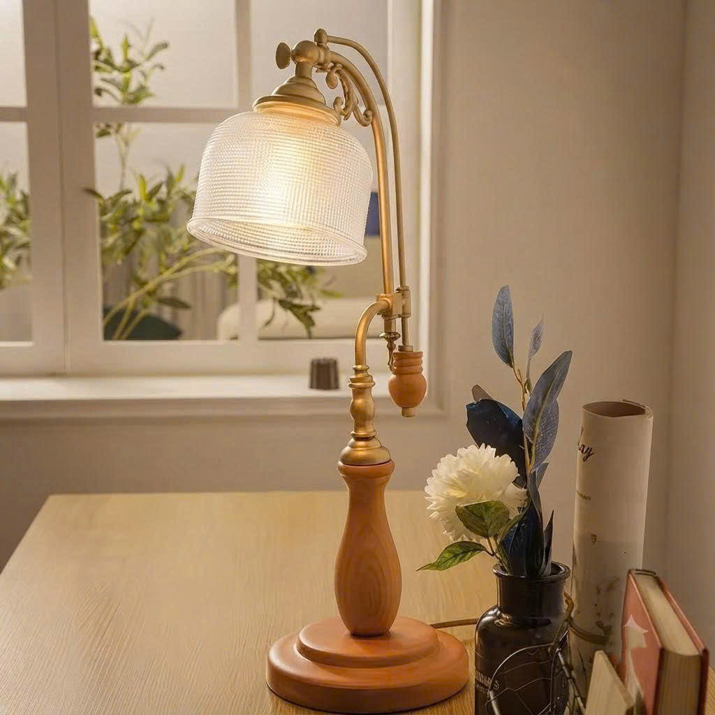 Wooden Base with Amber Glass Shade Vintage Desk Light and Ornate Metallic Accents