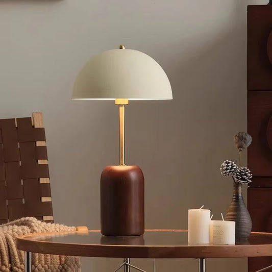 Wooden Base and Metal Dome Shade Table Lamp with Brass Stem for Modern Minimalist Decor
