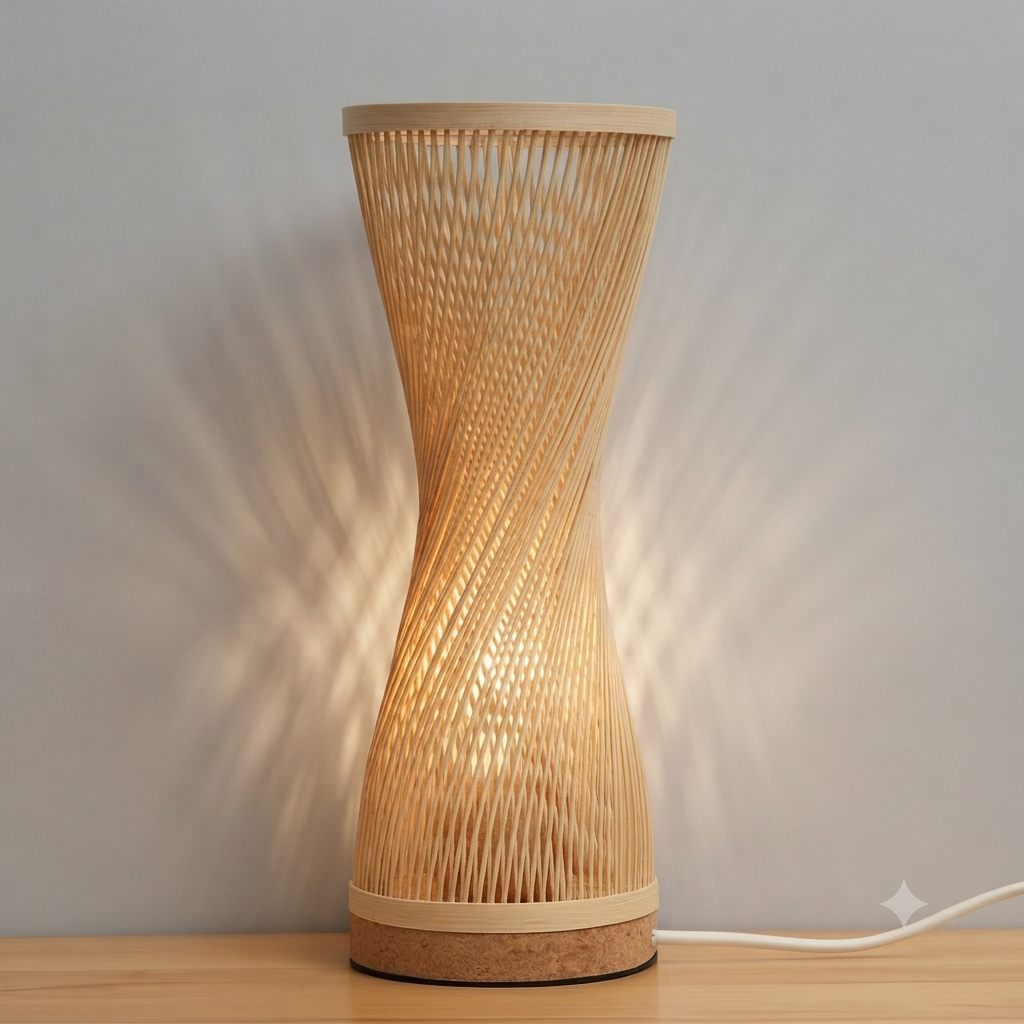 Woven rattan nightstand lamp providing warm, textural accent lighting for bedroom side tables.